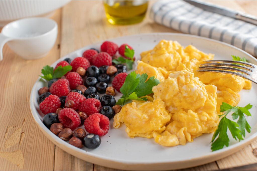 Healthy Low Carb Breakfast Plate With Homemade Scrambled Eggs Fresh