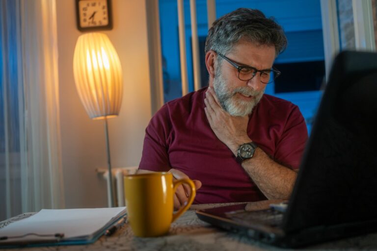 Sore,Throat.,Grey-haired,Mature,Man,Having,A,Sore,Throat,While